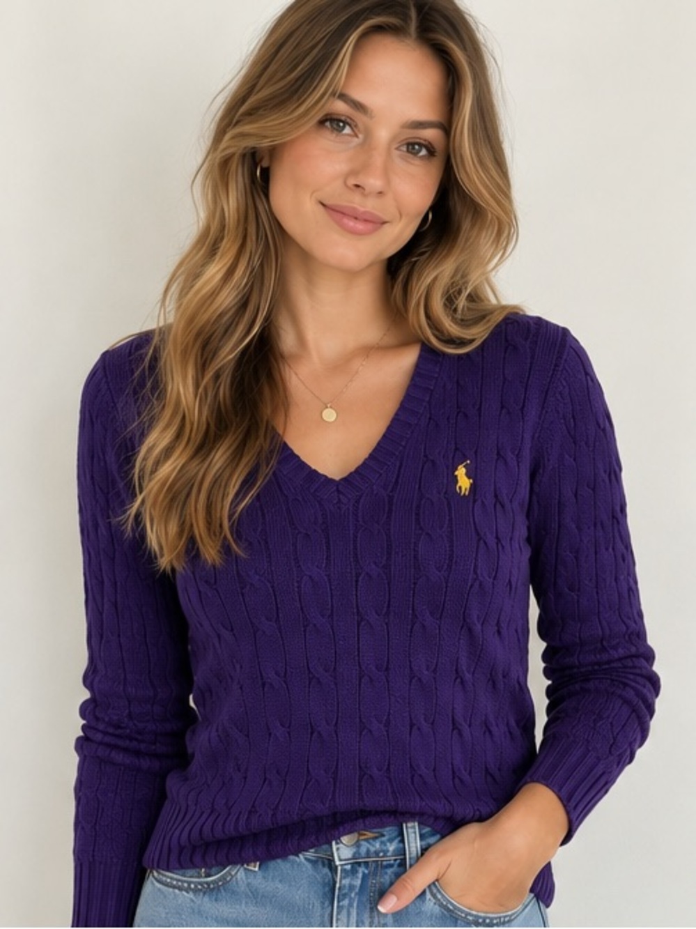 Ralph Lauren Sport Purple Cable Knit V-Neck Sweater Women’s Medium